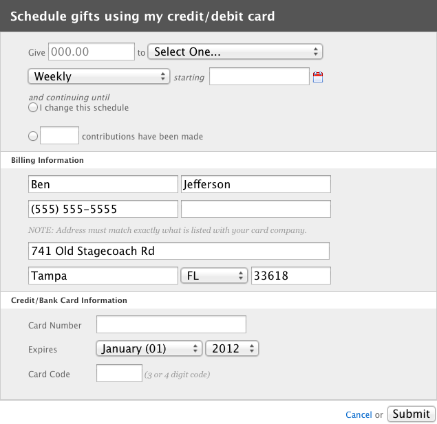 Schedule a repeating gift - Bank-Credit Card form